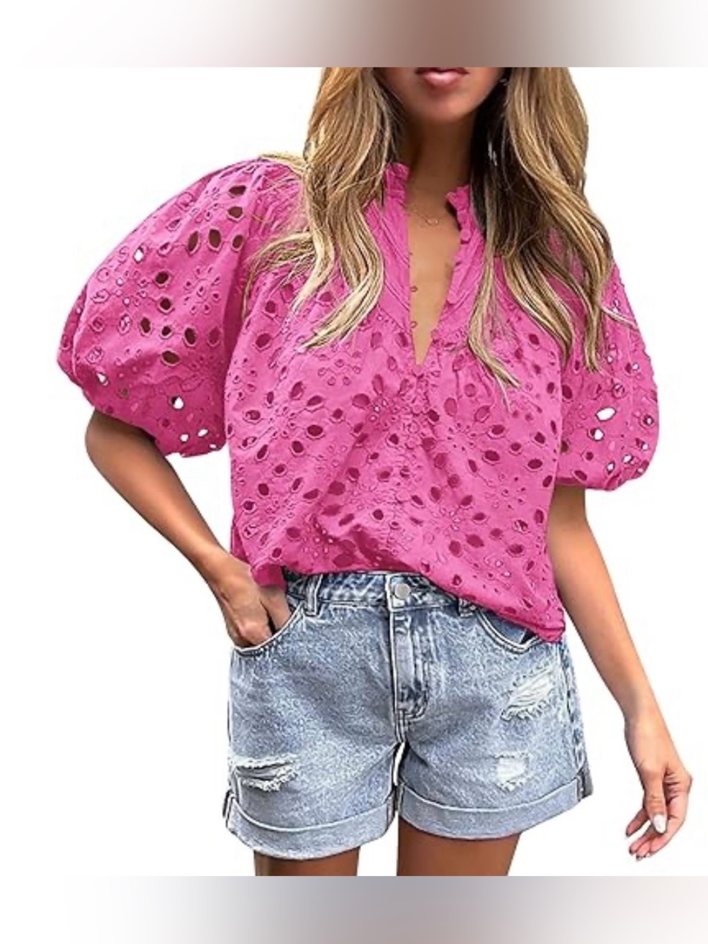 NWT PrettyGarden Pink Eyelet Blouse XXL, Boho Button Down Shirt, Summer Top